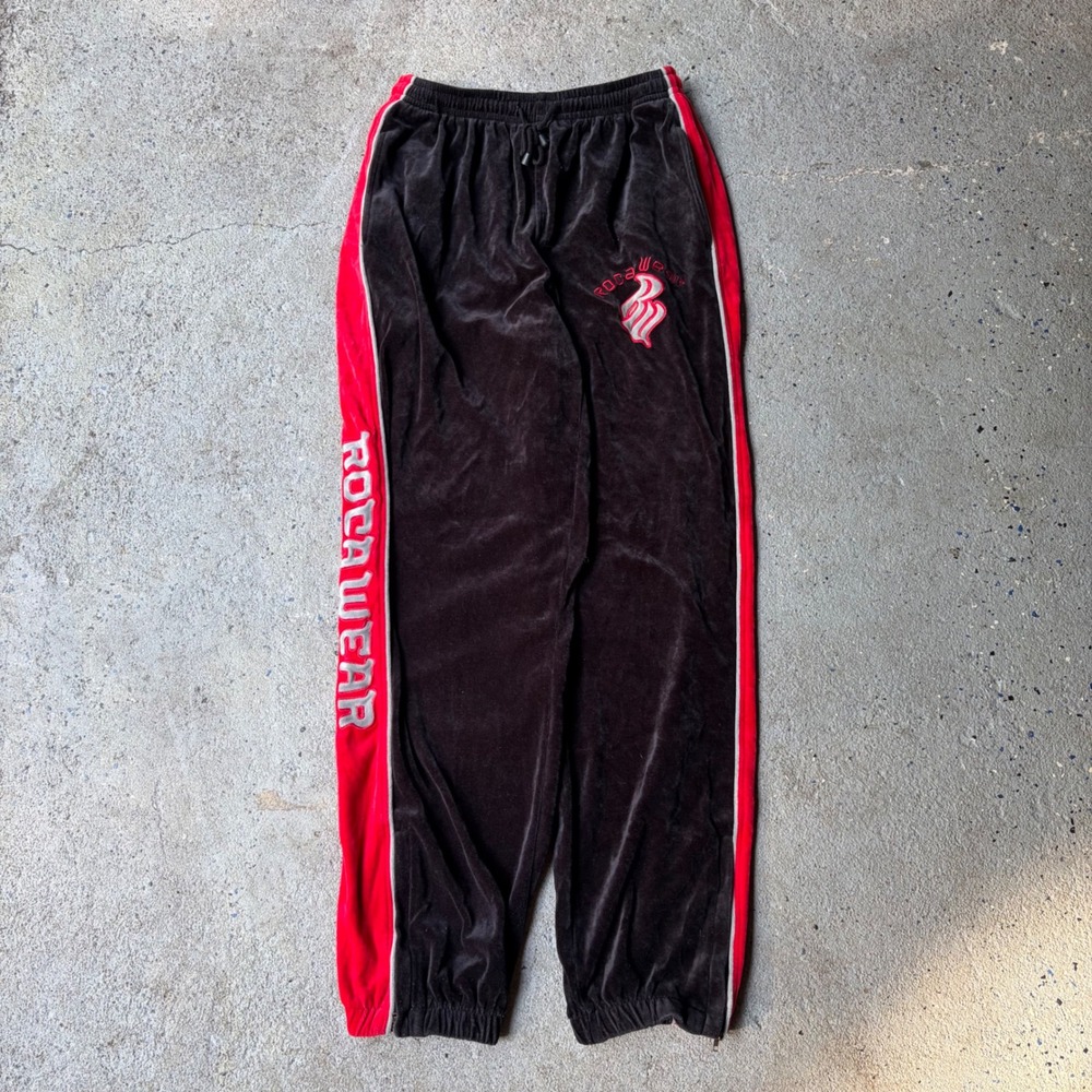 Vintage Rocawear Velour Track Pants Black Red Y2K Hip Hop Joggers XL